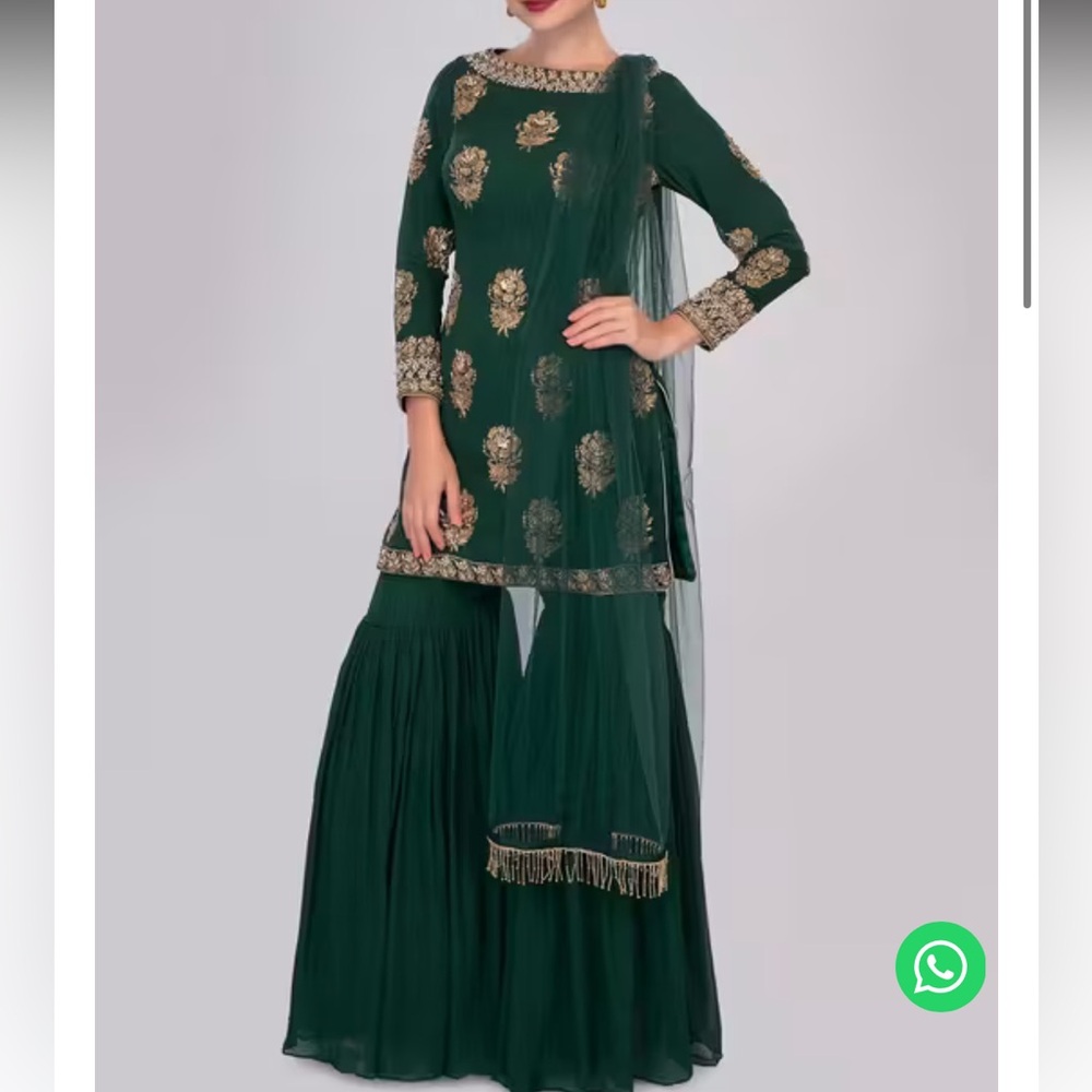 NWOT dark green sharara boat neck gold bead design Bollywood